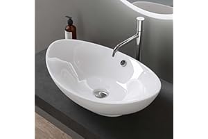 doporro Lavabo Ovale da Appoggio in Ceramica Bianco Lucido 59x38,3x19,2 cm, Lavandino Bagno con Troppopieno Effetto Loto Brüssel818