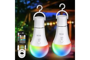 ‎KIMJO Kimjo RGB Led Lampe E27 Glühbirne mit Fernbedienung 2 Stück, Aufladbare Glühbirne mit Batterie und Timer, 7W Dimmbar Akku Lampe für Outdoor, Camping, 2000 mAh, Mit Haken