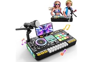 DYSAIM Mesa de mezclas DJ para niños de 3 a 10 años con micrófono, controlador de mezclas DJ con 100+ efectos de sonido, juguete musical con recargable, DJ Mixer regalo ideal para niñas y niños principiantes