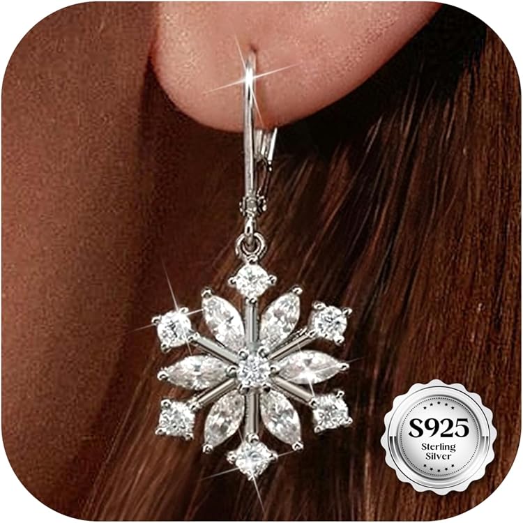 Weihnachtsohrringe Aus 925er Silber – Schneeflocken-Anhänger Mit Zirkonia, Hängend, Hypoallergen, Festlicher Damenschmuck