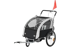 HOMCOM Remorque Velo Enfant 2 en 1 Poussette vélo bébé 2 Places avec Ceinture de sécurité 5 Points, réflecteurs, Drapeau et Rideau Coupe-Vent, Charge 40 Kg