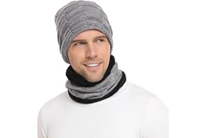 Bequemer Laden 2 Pieces Winter Beanie hat Scarf Set Wool Warm Knitted hat Thick Fleece Lining Winter hat & Scarf for Men and Women