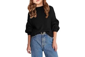 Haloumoning Jersey para niña, cuello redondo, manga larga, jersey de punto, monocolor, suelto, tops para niños, otoño, invierno, manga larga