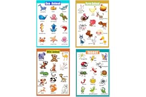 HONTOUSIP 4 pcs Pósteres de preescolar laminados para niños pequeños, decoraciones de clase para jardines de infantes, animales marinos, animales de granja, animales salvajes, insectos