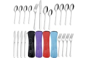 Funnydin 20 Pieces Travel Cutlery Set with Portable Pouch Case, 4 Sets of Stainless Steel Knife Fork Spoon Cutlery with Case, Camping Cutlery Set for Travel/Outdoor/School(Black, Red, Blue, Purple)