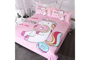 BlessLiving Pink Unicorn Bedding Single for Girls Unicorn Eating Doughnut Funny Pattern 3 Piece Kids Teens Horse Duvet Cover