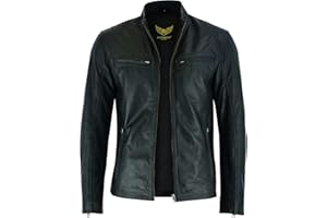Leatherick Giacca da motociclista in pelle di agnello da uomo - Giacca da motociclista nera resistente e calda con cerniera