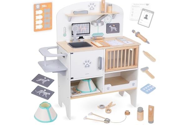 mamabrum Hôpital vétérinaire en Bois pour Enfant – kit éducatif 20 Accessoires : Clinique vétérinaire, médicaments, radiographies, Badge Docteur – dès 3 Ans