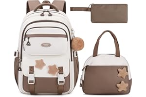 Amythe Plecak szkolny dla dziewczynek, 3 szt., plecak do szkoły podstawowej, wiele przegródek, na książki, zestaw z pudełkiem na lunch, piórnik, torba na co dzień, Brązowy