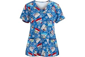 LOMELOMME Berufsbekleidung Pflege Damen Berufskleidung V Ausschnitt Kurzarm Shirts Drucken T-Shirts Große Größen Motiv Bluse Krankenpflegeuniform Kragen Kasackdamenpflegegünstig Kasacks Set Arbeitskittel