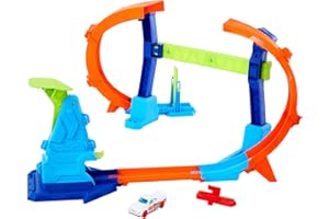 Hot Wheels Coffret Piste Looping et Saut Piste Multi Crash avec une voiture à l’échelle 1/64, pistes et adaptateurs Speed Snap, se replie pour le ranger, JFH36