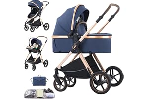 Shineey Stroller 3 in 1 Travel System Aluminium Frame High Landscape Combined Strollers Lightweight Folding Pram for Newborns Toddlers 0-36 Months from Birth Aluminium Pushchair