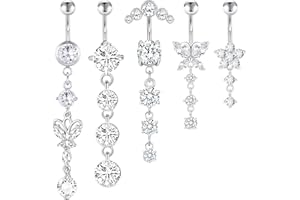 CharmBurst 5 Stück Hängendes Bauchnabelpiercing, Chirurgenstahl Bauchnabelpiercing Silber, Belly Button Ring mit Zirkonia, Wasserfestes Lang Belly Piercing Set