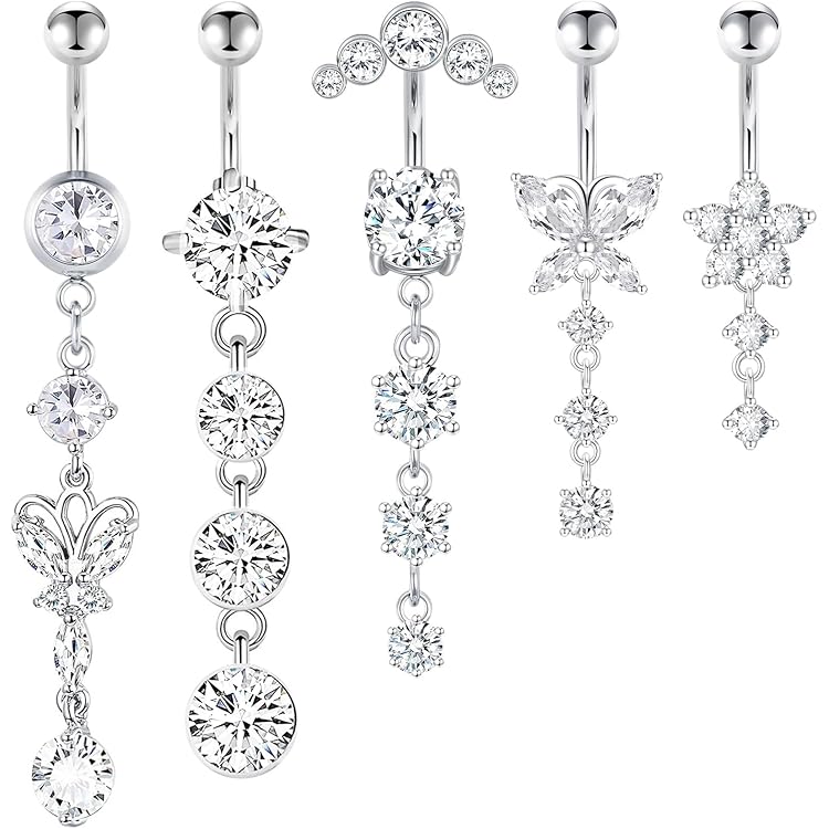JFORYOU 14G navelstaafjes, roestvrij staal, bungelende navelstaafjes, lange navelring, zirkonia, bloem, vlinder, navelpiercing, sieraden voor vrouwen, goud, zilver, Small, Roestvrij staal