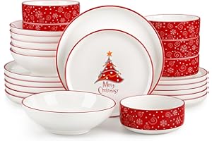 MALACASA 24-Piece Christmas Tree Plates and Bowls Set for 6, Ceramic Dinner Sets with Dinner Plates/Dessert Plates/Soup Bowls/Cereal Bowls, Holiday Crockery Set Dining Set Tableware for Entertaining
