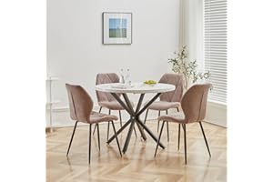 DEYARNA HOME Essgruppe 5-Teilig, 100cm Runder Esstisch und 4 Leinen-Esszimmerstühle, Esstisch und Stühle für 4 Personen, 4 Stühle & Tisch für Küche, Esszimmer und Wohnzimmer (Weiß/Schwarz+Braun)