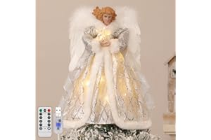 Lewondr Christbaumspitze Engel, 12 Zoll Glitzernd Weihnachtsdeko Weihnachten Baumspitze mit Timer, USB-betrieben Fernbedienung Tannenbaum Spitze für Weihnachtsbaum Weihnachten Party Innen, Silber