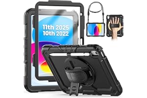 SEYMCY Case for iPad (A16) 11th/10th Generation 2025 (11 inch)/2022 (10.9 inch), Full-body Shockproof with Screen Protector, 360° Rotating Stand & Hand Strap, Carrying Strap, Pencil Holder, Black