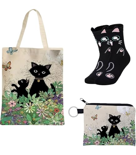 Dlzdn Borsa Tote In Tela Con Gatto Nero E Fiori - 35x40 Cm, Cotone Resistente, Riutilizzabile Per Spesa, Spiaggia, Libri E Scuola