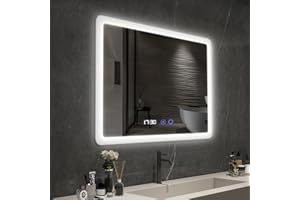 YOURLITE Miroir Salle de Bain avec Éclairage LED 80x60 cm, Luminosité Dimmable et 3 Couleurs Réglables, Fonction Antibuée, Affichage numérique Horloge et Température, Étanche Ip44, Blanc
