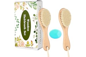 ROARGY Baby-Holzbürste und Kamm, 2 Stück, natürliche Ziegenborsten, Haarbürste mit Wiegenkappe, Kamm für Neugeborene, Kleinkinder, Neugeborene, Jungen, Mädchen (Grün)