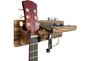 TTCR-II Wieszak ścienny na gitarę, drewniany stojak na gitarę, wieszak ścienny z 4 haczykami i uchwytem na kostkę, do ukulele, skrzypiec, basu, gitar elektrycznych, akustycznych, klasycznych
