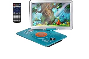 YOOHOO Reproductores de DVD portátiles de 16,9" con Pantalla LCD Grande giratoria de 14,1" Reproductores de DVD de Viaje para niños Adaptador de Coche Recargable Compatible con Tarjeta, Verde