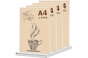 CHINGCOO Lot de 4 présentoirs de table A4, étiquettes de prix A4, support de table en acrylique en T pour brochures, cartes de menu, cadres photo publicitaires, porte-cartes de menu pour restaurant, café,