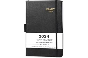 ARTFAN 2024 Diary - Diary 2024 Day to Page from January 2024 to December 2024, Daily Journal with Leather Cover, Inner Pocket and Extra Note Pages, 21 x 14.8 cm, Black