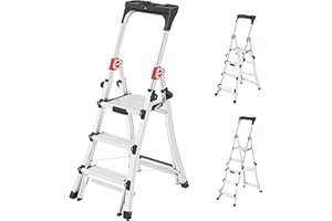 Hailo TL100 Topline - Escalera telescópica 3 en 1 de aluminio, altura de trabajo flexible, 3-5 peldaños, carga máxima de 150 kg, altura de trabajo ajustable de 2,65 a 3,09 m, plataforma extragrande,
