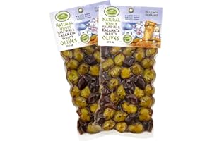 ‎KORVEL MEDITERRANEAN QUALITY PRODUCTS KORVEL Oliwki – Greckie oliwki – Mieszanka oliwek Kalamata-Chalkidiki z oregano – 500gr (2 x 250gr) – Opakowanie próżniowe – Oliwki z pestką – Produkt grecki – Produkt naturalny – Zdrowa przekąska – Wegańska