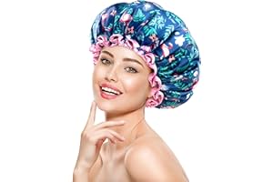 mikimini Reusable Shower Cap for Women with Long Hair featuring Secure-Fit Elastic Band, Flamingo Print – Ideal Waterproof & Washable Bath Cap with Double-Layer Design