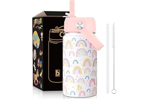 BuyOn Kids Water Bottle 410ml Stainless Steel Hydro Flask Double Wall Insulated Thermos Bottle with Straw Lid BPA Free Cup Hot Cold Sports Toddler School Boys Girls 14oz (RAINBOW 410ML)