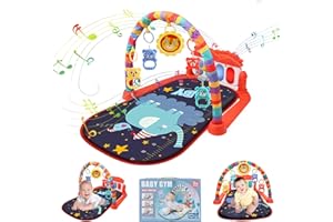WHDJSPIN Baby Play Mat, Baby Gym 0-36 Months Tummy Time Funny Play Piano with 5 Sensory Toys, Music and Light, Thicked Playmats & Floor Gyms Great Gift for Newborn Baby, Red Elephant