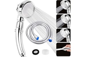 BOCHION Shower Head and Hose 2m, High Pressure Shower Heads with Stop Button, Universal Handheld Shower with 3 Spray Modes, Water Saving Shower Head 360° Rotating for Adults Children Pets Home, Chrome
