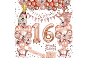 VICTERR 16th Birthday Decorations, Rose Gold Birthday Decoration, Girl Birthday Party Decorations Set With 16th Birthday Balloons, Happy Birthday Banner, Champagne Balloon, Triangle Flag Banner