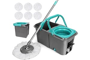 Myiosus Mocio Lavapavimenti Rotante con Secchio, Rotomop con Pedale e 134cm Manico in Acciaio Inox, Sistema Lavapavimenti di Strizzatura, 6 Panni in Microfibra Lavabili