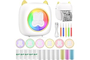 GuKKK Przenośna drukarka fotograficzna, mini bezprzewodowa drukarka fotograficzna, bezprzewodowa drukarka termiczna BT Mobilna drukarka z siedmiokolorową diodą LED, drukarka fotograficzna, lista