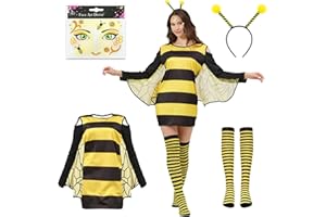 ALINILA Bienen Kostüm für Karneval Damen: Bienenkostüm Gestreifte Strümpfe Haarband und Aufkleber - Cosplay Bienenkleid für Erwachsene Fasching