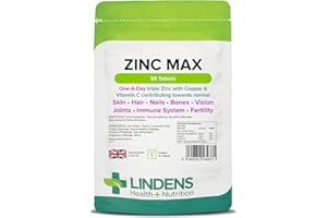 Lindens Zinc Max Tablets - 90 Pack - Provides 300% Nrv Dose, Fortified with Vitamin C & Copper to Contribute Towards Healthy Hair, Skin, Nails, Vision & Hormone Balance - UK Made, Letterbox Friendly