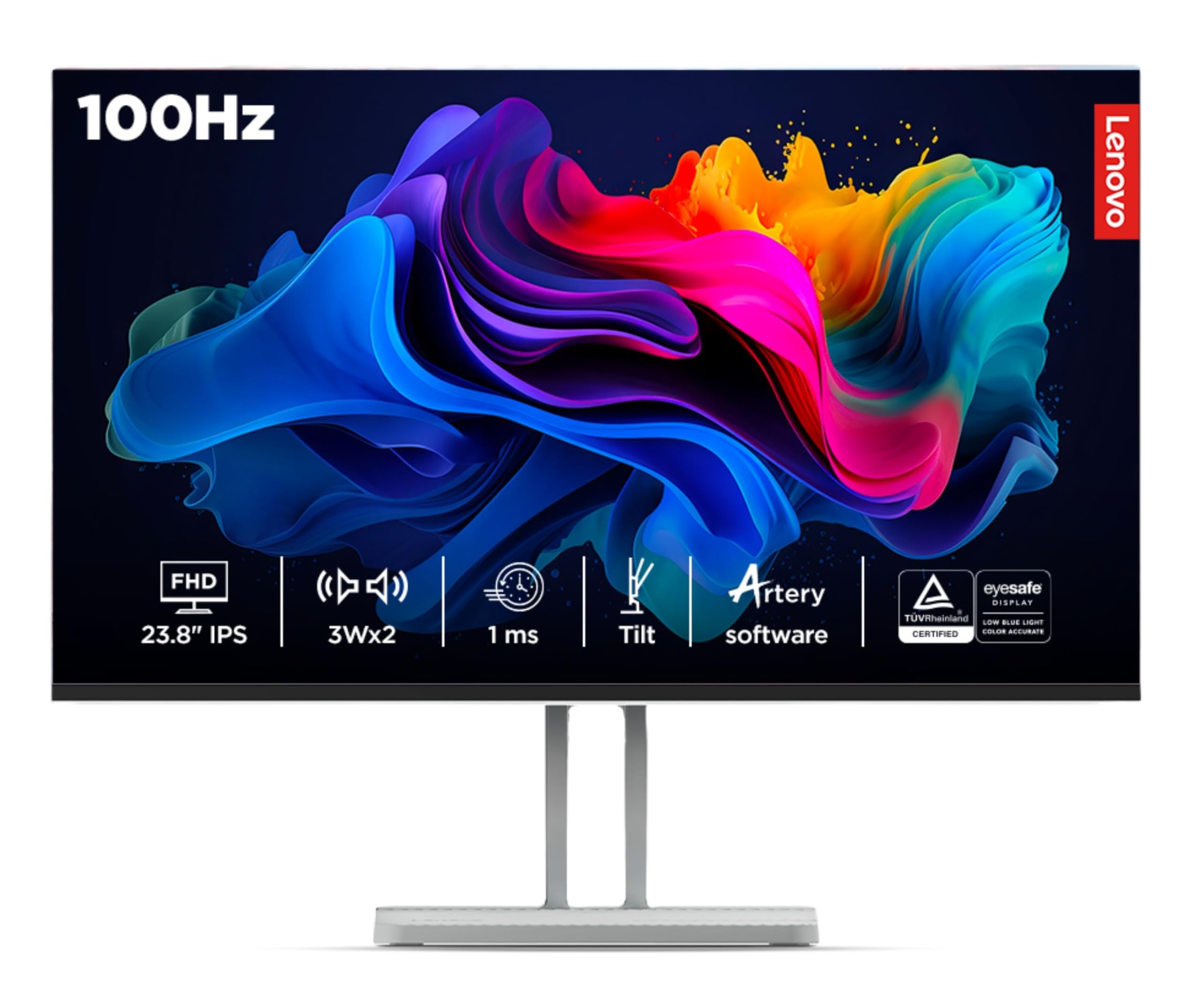 Lenovo L-Series 24 inch (60.45cm) FHD IPS Monitor| 100Hz, 1ms, FreeSync, 99% sRGB, 3Wx2 Speakers, 1x HDMI 1.4, 1x VGA, Tilt, Smart Display Customization Artery Cloud Grey, L24i-4A