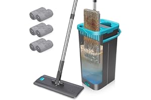 MASTERTOP Microfibre Mop and Bucket Set with 140cm Stainless Steel Handle | 6 Pcs Super Absorbent Pads & 2-in-1 Cleaning System | Wet and Dry Cleaning Mop Sets for Floors | Commercial & Home Use