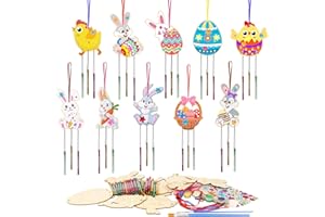 HONMOK 10 Kits Colorer Carillon Vent Lapin/Poussin/Oeuf/Panier Gravé en Bois avec Pinceaux et Peinture pour Enfants Loisirs Créatifs de Pâques Activité Groupe DIY Déco
