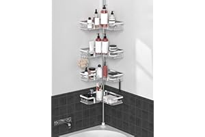 Kegii Telescopic Shower Caddy Corner - Silver Shower Shelf No Drilling Standing Bathroom Organiser Stainless Steel Bathroom Shelf with Hooks