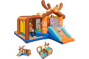 GOPLUS Château Gonflable XXL pour 4 Enfants 3-10 Ans Forme Wapiti Renne Noel Aire de Jeux Gonflable avec Trampoline, Toboggan et 2 Piscine Jeu de Boxe,Basket, Charge 120kg(Renne sans Souffleur)