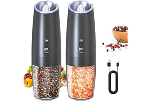 CIRCLE JOY Elektrische Salz und Pfeffermühle Set Schwerkraft USB Wiederaufladbar Automatische Gewürzmühlen mit Weißem LED-Licht, Einstellbare Grobheit und 135ml Waschbarem Behälter, Schwarz