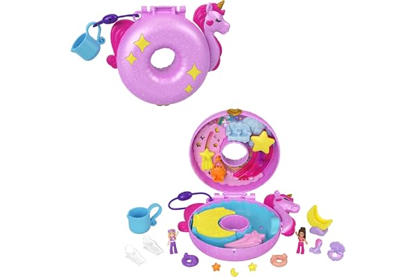 Polly Pocket Coffret Bouée Licorne Sparkle Cove Adventure avec 2 Mini-Figurines, 12 Accessoires, 2 Éléments Qui Changent De Couleur, Jeu D’Eau, Jouet Enfant, Dès 3 Ans, HKV34