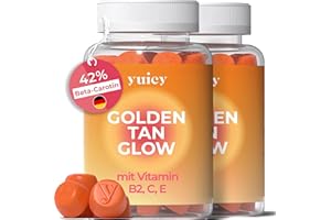 yuicy Golden Tan Glow Beta-Carotin Gummibärchen. Hochdosierte Hautvitamine für langanhaltende Bräune und gesunde Haut. Mit Lutein, Zeaxanthin & 5 weiteren Essentials. Vegan, Made in Germany. 120Stk