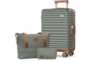 SHOWKOO Valise de Voyage Rigide Extensible Légère Durable Polycarbonate Bagages à 4 roulettes Pivotantes avec 1 Sac de Voyage et 1 Trousse de Toilette, L- Vert Clair