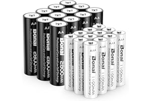 BONAI 12xAA et 12xAAA 2800/1100mAh Piles Rechargeables, 1,2V AA et AAA Ni-MH Haute Capacité Pile Rechargeables, Pré-chargé, Faible Auto-décharge, 1200 Cycles - (12AA+12AAA)